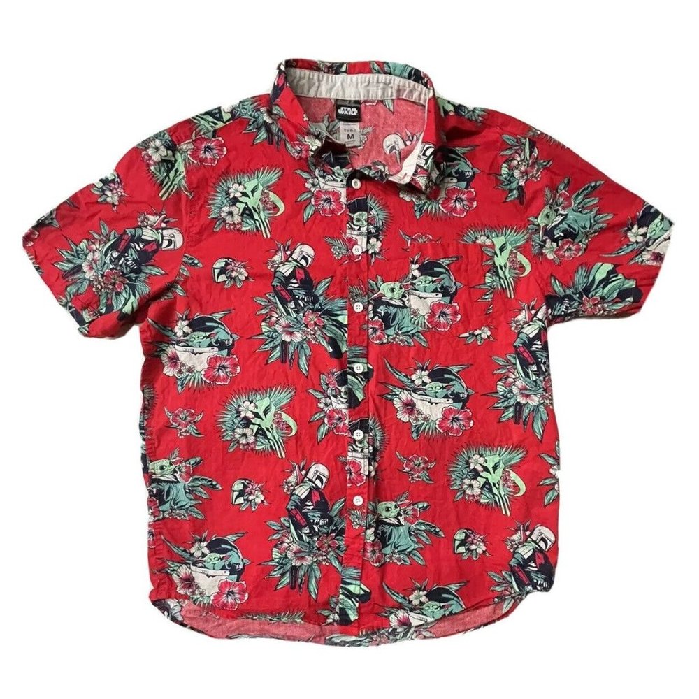 NWOT Star Wars Button Hawaiian Shirt Mens Size M Mandalorian Baby Yoda OFFICIAL